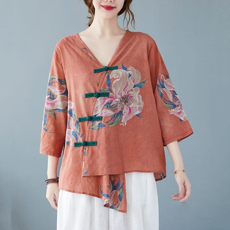  Floral Cotton Linen Oversized Blouse -  - DYAVOR® 