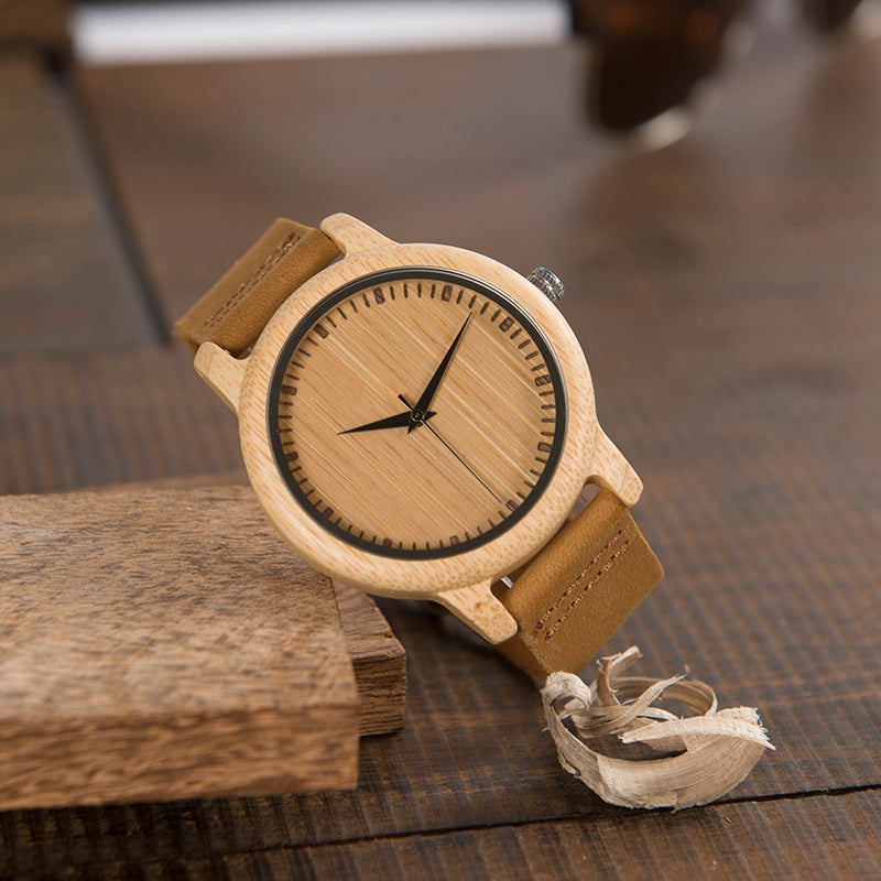 Casual Quartz Watches with Natural Bamboo Watch Face for Lovers