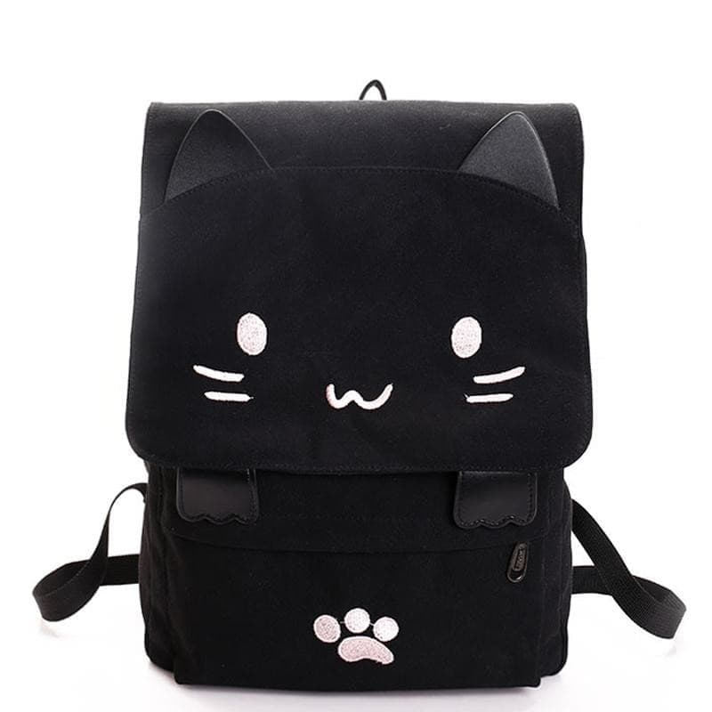 Cute Cat Cartoon Embroidery Canvas School Backpack for Teenage Girls