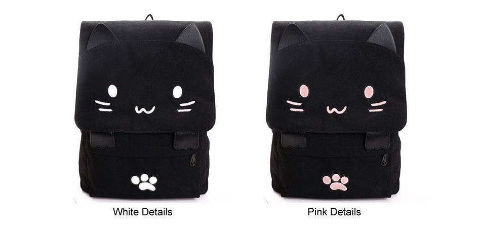 Cute Cat Cartoon Embroidery Canvas School Backpack for Teenage Girls