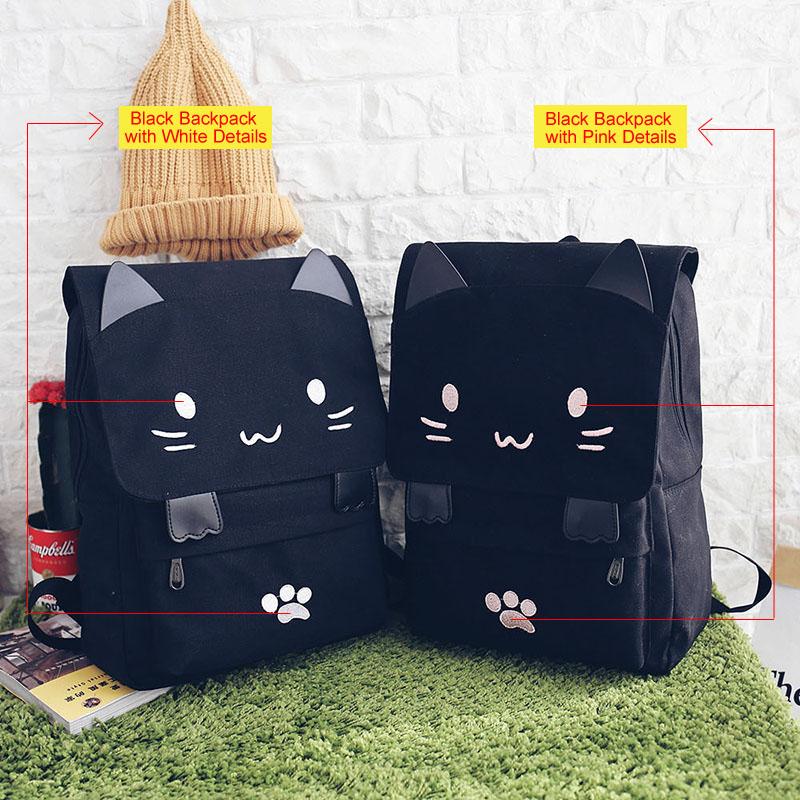 Cute Cat Cartoon Embroidery Canvas School Backpack for Teenage Girls