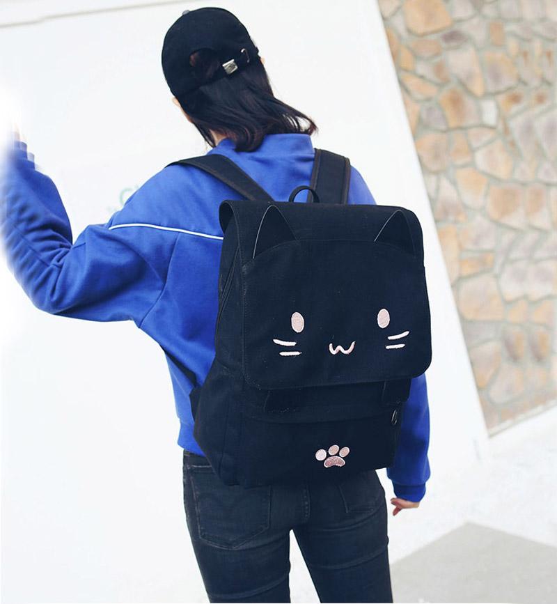 Cute Cat Cartoon Embroidery Canvas School Backpack for Teenage Girls