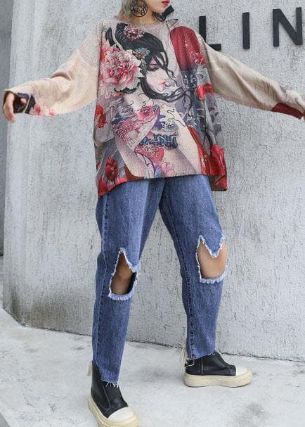  denim blue new high waist straight pants elastic waist ripped Jeans -  - DYAVOR® 