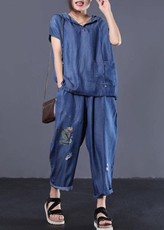  denim blue vintage cotton two pieces hooded short sleeve tops and patchwork pants - Tops - DYAVOR® 