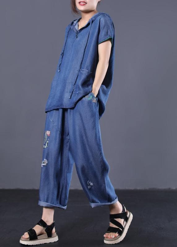  denim blue vintage cotton two pieces hooded short sleeve tops and patchwork pants - Tops - DYAVOR® 