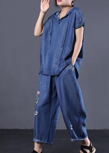  denim blue vintage cotton two pieces hooded short sleeve tops and patchwork pants - Tops - DYAVOR® 