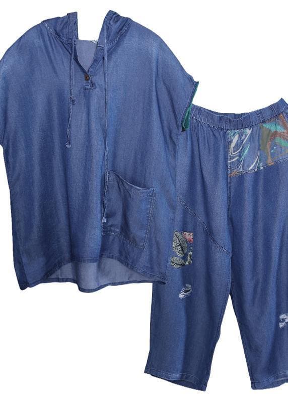  denim blue vintage cotton two pieces hooded short sleeve tops and patchwork pants - Tops - DYAVOR® 