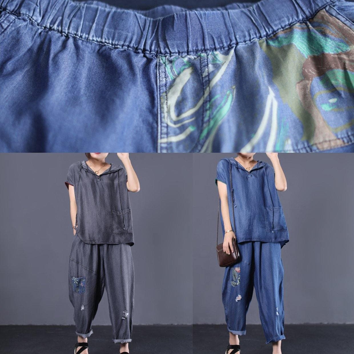  denim blue vintage cotton two pieces hooded short sleeve tops and patchwork pants - Tops - DYAVOR® 