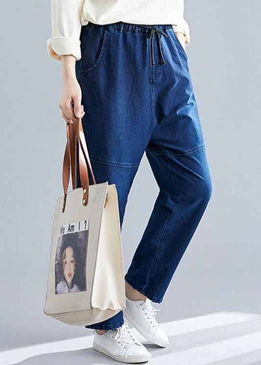  denim blue vintage women pants elastic waist patchwork trousers -  - DYAVOR® 