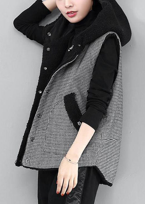  diy Black Hooded Plaid Patchwork Faux Fur Winter Vest - vests - DYAVOR® 