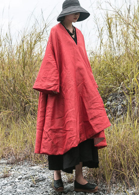  diy Red V Neck Pockets Fine Cotton Filled Loose Winter Coat - Down Jackets - DYAVOR® 