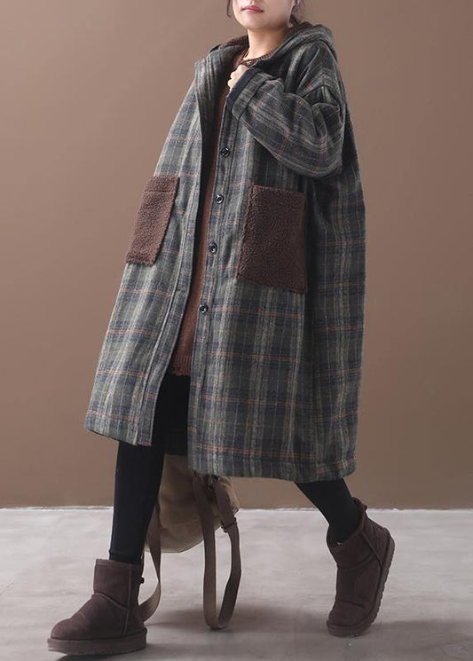  diy patchwork pockets fine hooded maxi coat green plaid tunic jackets -  - DYAVOR® 