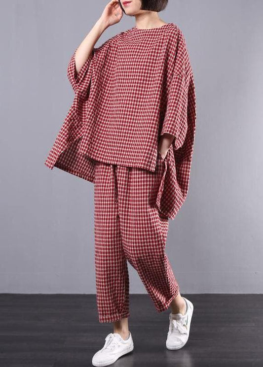  Casual Plus Size Cotton Linen red Plaid Vintage Blouse And Pants Two Pieces Set(Limited Stock) -  - DYAVOR® 