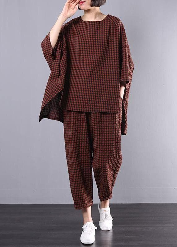  Casual Plus Size Cotton Linen red Plaid Vintage Blouse And Pants Two Pieces Set(Limited Stock) -  - DYAVOR® 