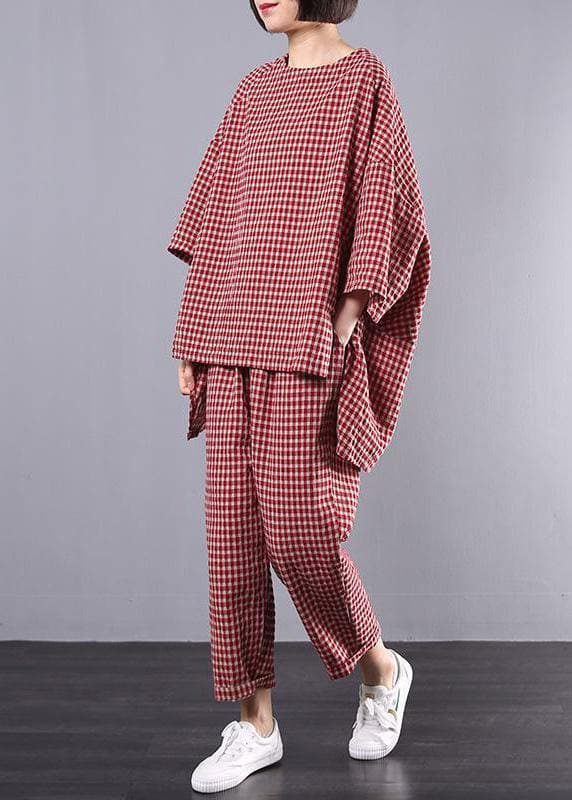  Casual Plus Size Cotton Linen red Plaid Vintage Blouse And Pants Two Pieces Set(Limited Stock) -  - DYAVOR® 