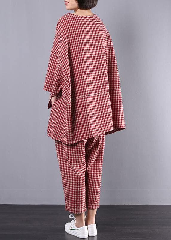  Casual Plus Size Cotton Linen red Plaid Vintage Blouse And Pants Two Pieces Set(Limited Stock) -  - DYAVOR® 