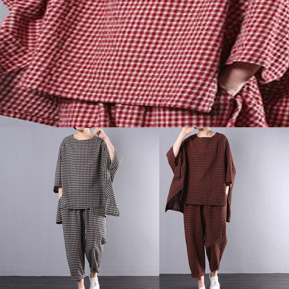 Casual Plus Size Cotton Linen red Plaid Vintage Blouse And Pants Two Pieces Set(Limited Stock) -  - DYAVOR® 