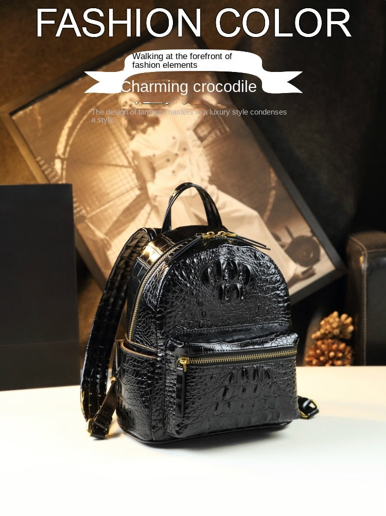  Genuine Leather Crocodile Pattern Women Luxury Casual Small Shoulder Portable Bag Travel Backpacks - Backpacks - DYAVOR® 