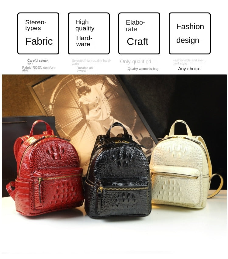  Genuine Leather Crocodile Pattern Women Luxury Casual Small Shoulder Portable Bag Travel Backpacks - Backpacks - DYAVOR® 