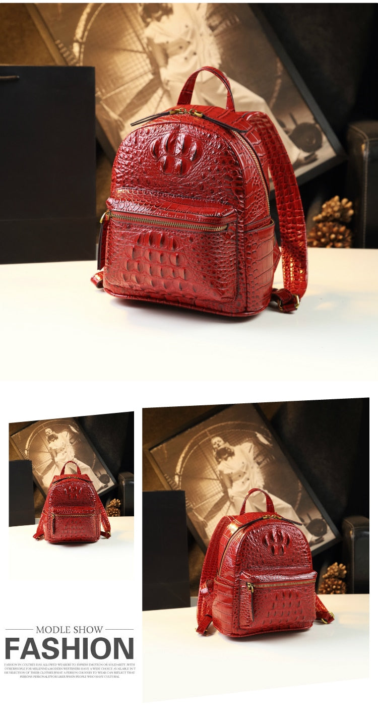  Genuine Leather Crocodile Pattern Women Luxury Casual Small Shoulder Portable Bag Travel Backpacks - Backpacks - DYAVOR® 