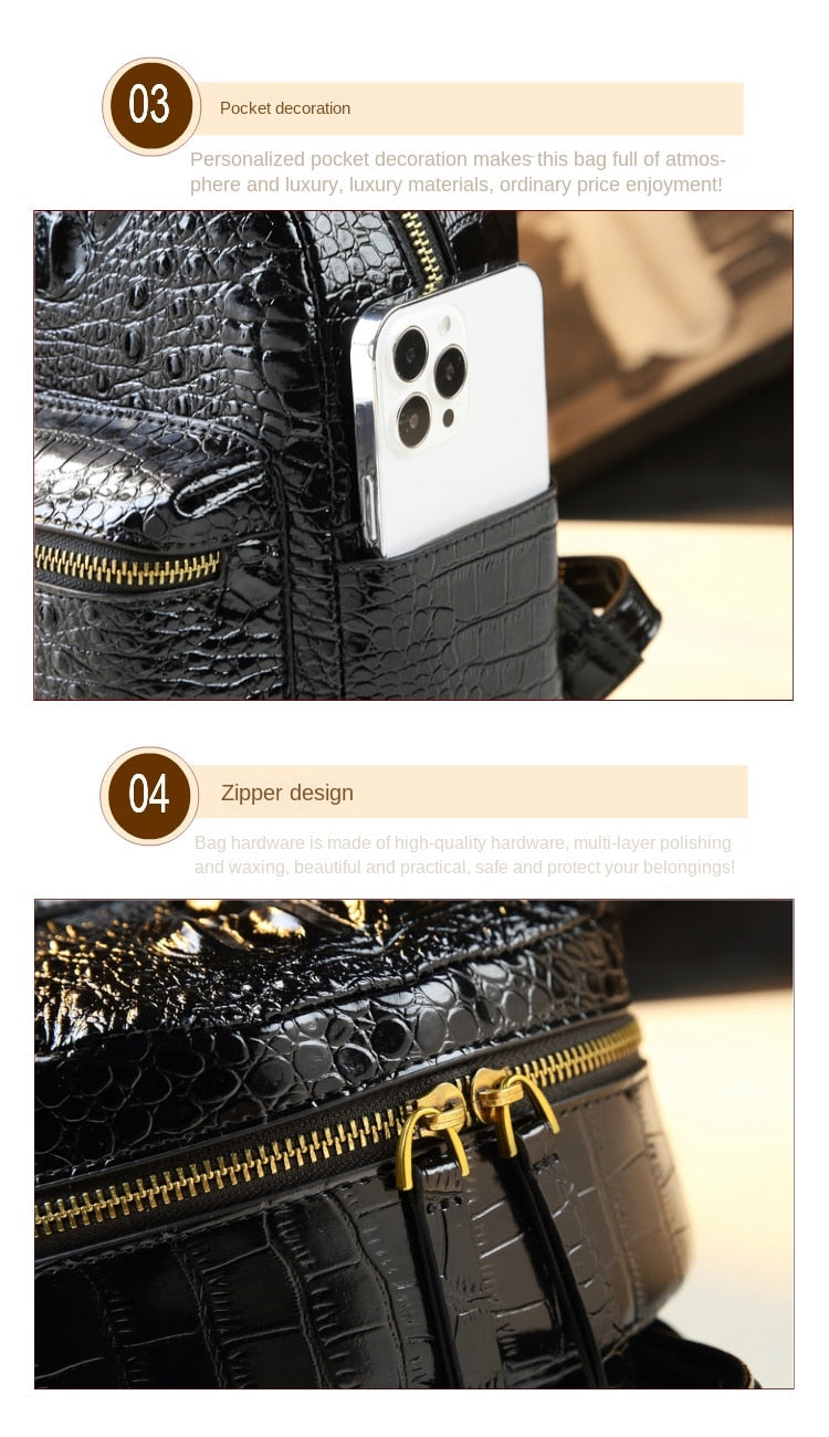  Genuine Leather Crocodile Pattern Women Luxury Casual Small Shoulder Portable Bag Travel Backpacks - Backpacks - DYAVOR® 
