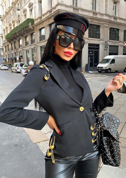  Black Blazer With Golden Safety Pin Trims -  - DYAVOR® 