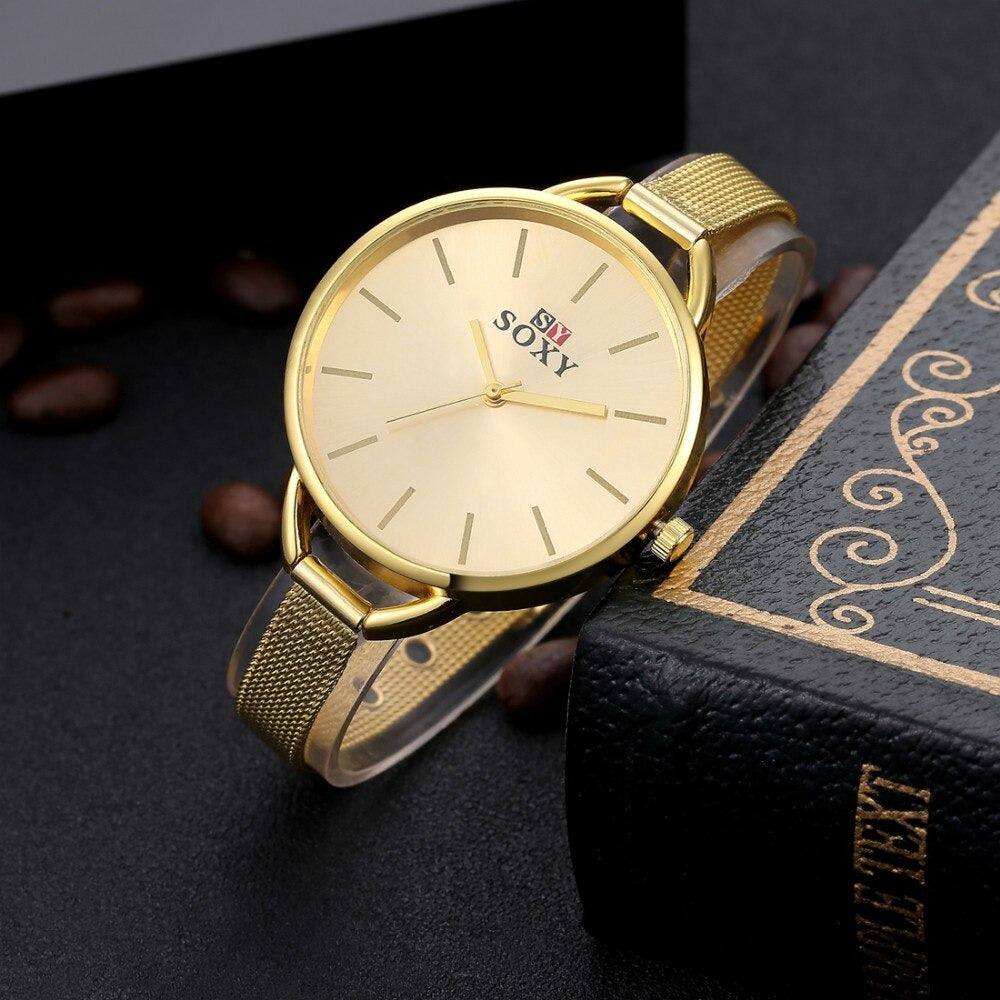 Gold Fashion Bracelet Stainless Steel Quartz Wristwatches for Women