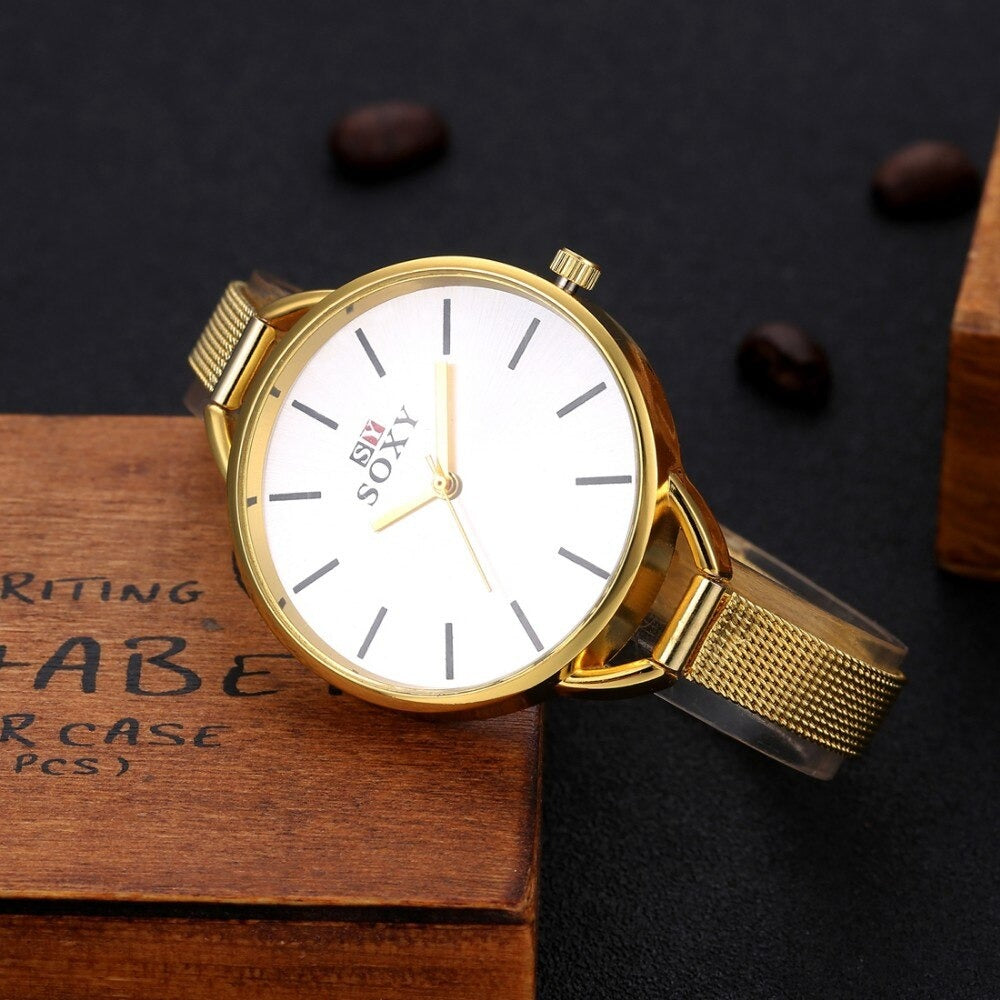 Gold Fashion Bracelet Stainless Steel Quartz Wristwatches for Women