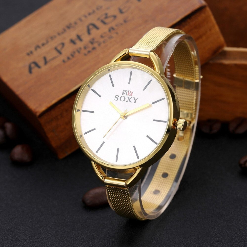 Gold Fashion Bracelet Stainless Steel Quartz Wristwatches for Women