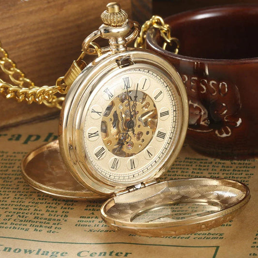 Gold Steel Carving 2 Sides Open Case Roman Dial Mechanical Pocket Watch - Unisex Style Watches - DYAVOR® 
