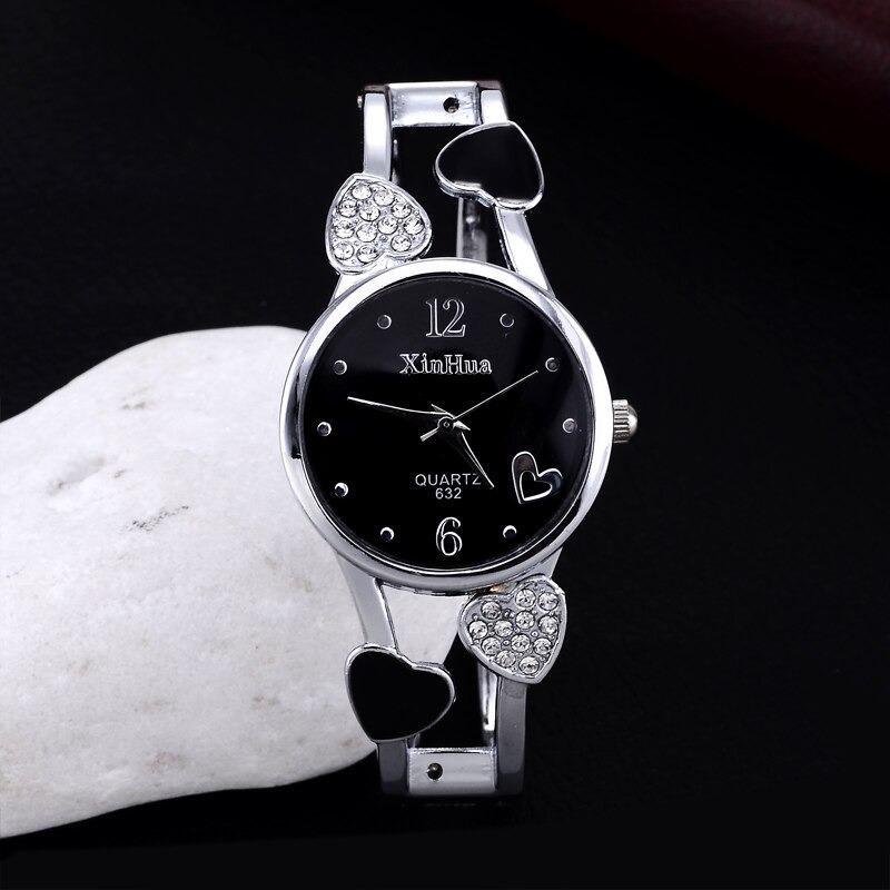 Heart Shaped Stainless Steel Bracelet Watch Clock for Women with Rhinestone