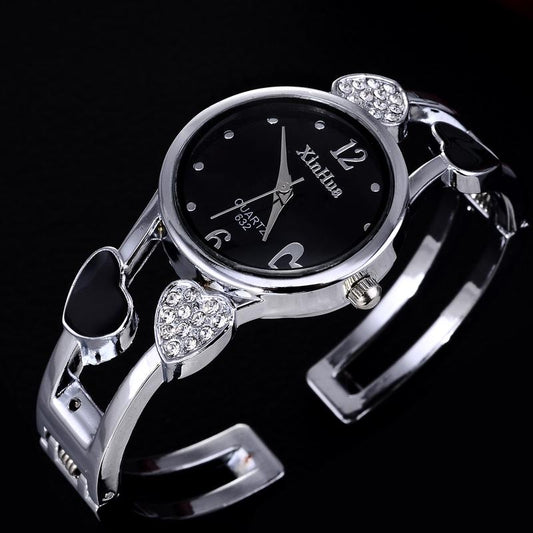 Heart Shaped Stainless Steel Bracelet Watch Clock for Women with Rhinestone