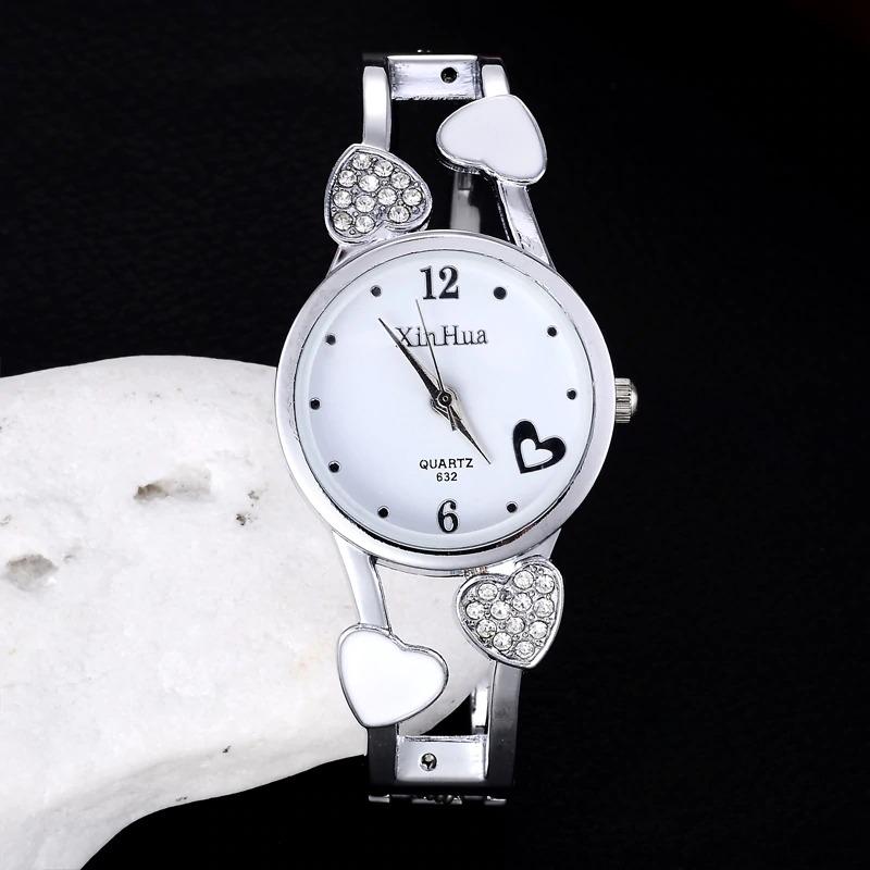 Heart Shaped Stainless Steel Bracelet Watch Clock for Women with Rhinestone