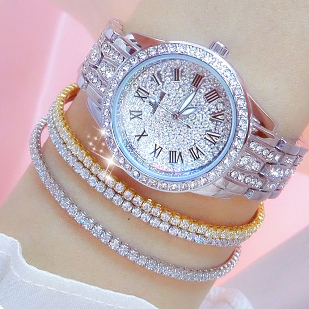 Hip Hop Luxury Women's Small Diamond Decor Silver Bracelet Wristwatch