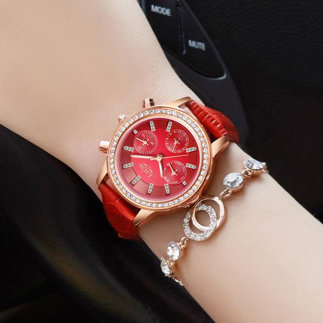 Ladies Casual Leather Quartz Watch with Stainless Steel Round Case