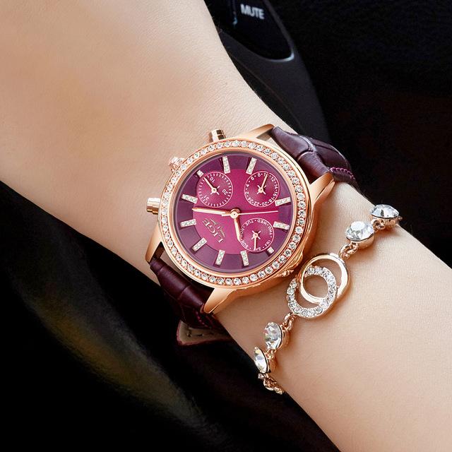 Ladies Casual Leather Quartz Watch with Stainless Steel Round Case