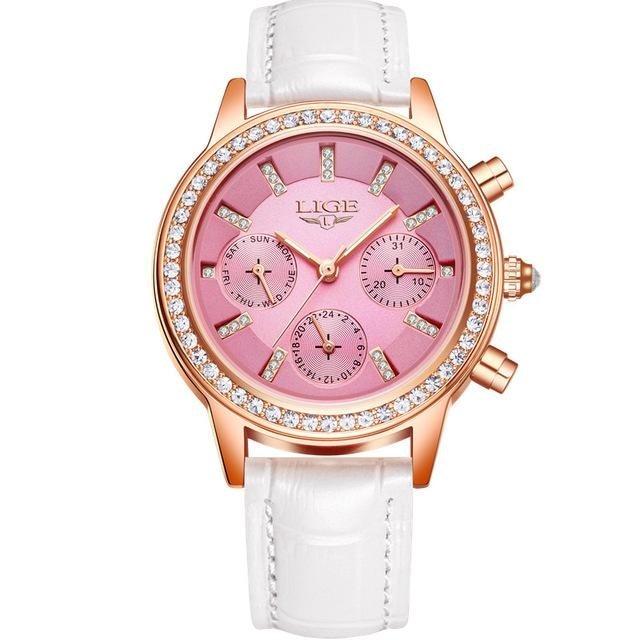 Ladies Casual Leather Quartz Watch with Stainless Steel Round Case