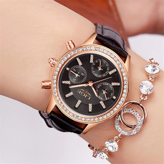 Ladies Casual Leather Quartz Watch with Stainless Steel Round Case