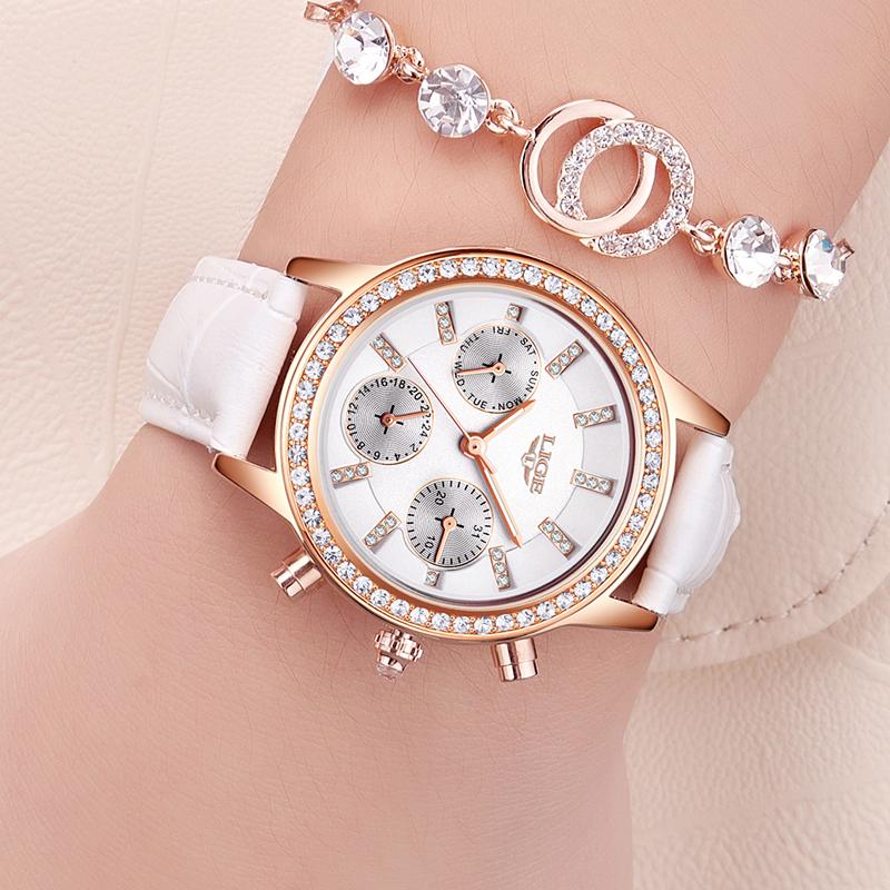 Ladies Casual Leather Quartz Watch with Stainless Steel Round Case