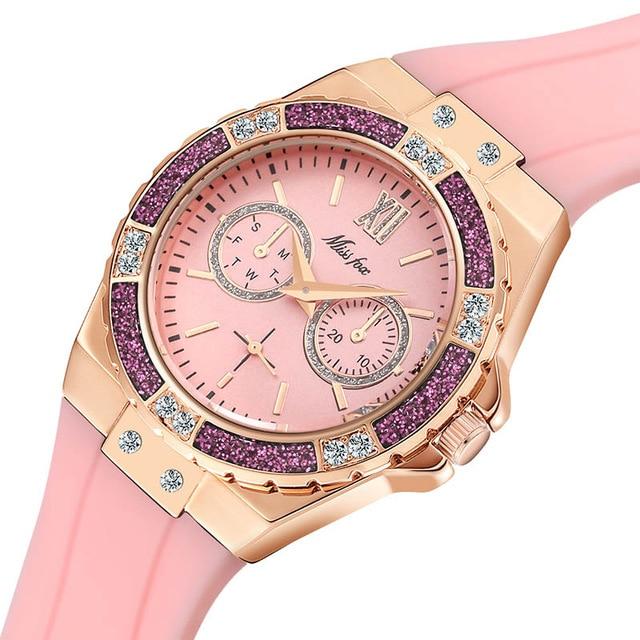 Ladies Diamond Rose Gold Blue Rubber Band Analog Chronograph Sport Watches