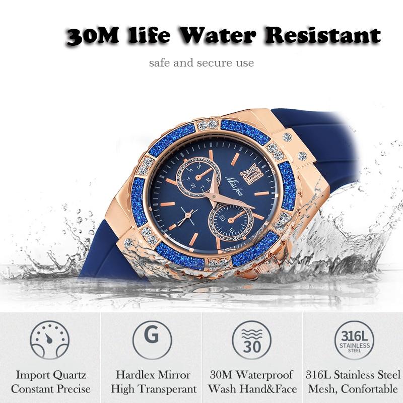 Ladies Diamond Rose Gold Blue Rubber Band Analog Chronograph Sport Watches