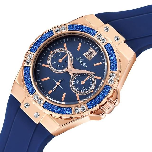 Ladies Diamond Rose Gold Blue Rubber Band Analog Chronograph Sport Watches