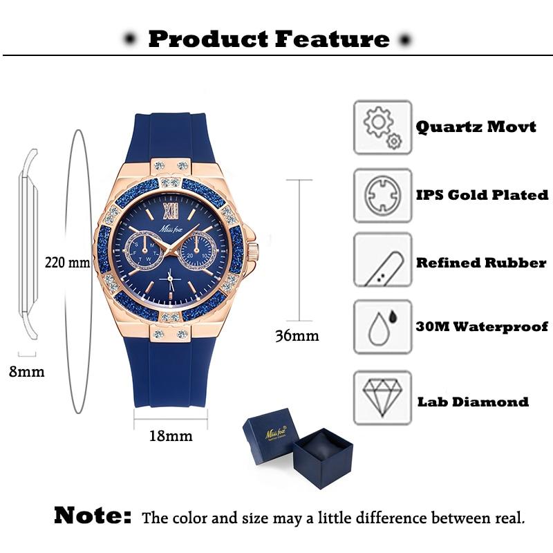 Ladies Diamond Rose Gold Blue Rubber Band Analog Chronograph Sport Watches