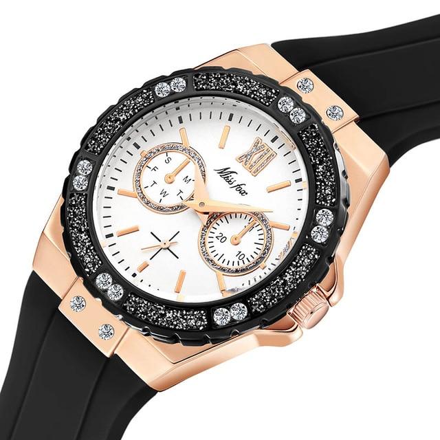 Ladies Diamond Rose Gold Blue Rubber Band Analog Chronograph Sport Watches