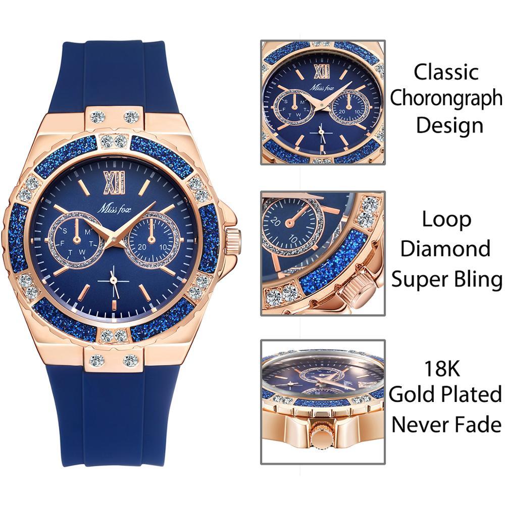 Ladies Diamond Rose Gold Blue Rubber Band Analog Chronograph Sport Watches