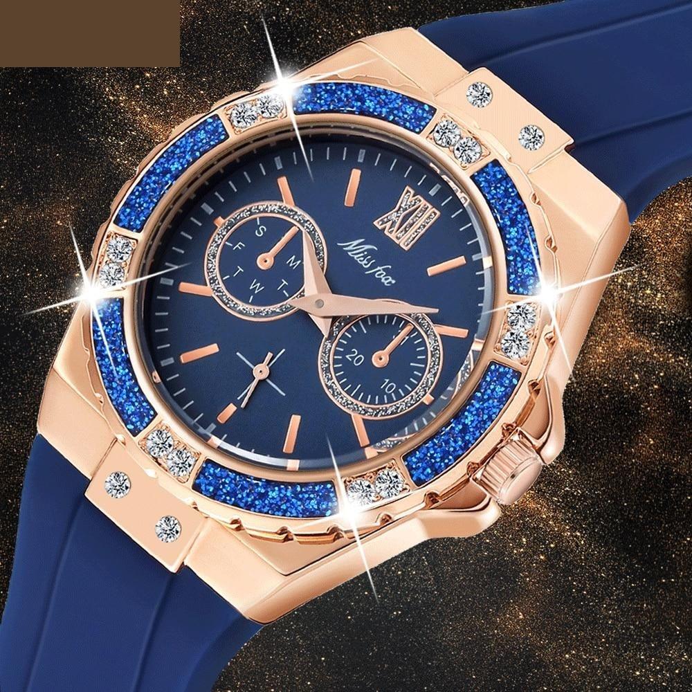 Ladies Diamond Rose Gold Blue Rubber Band Analog Chronograph Sport Watches