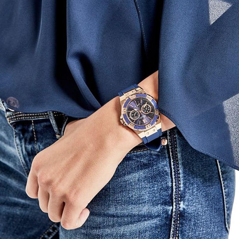 Ladies Diamond Rose Gold Blue Rubber Band Analog Chronograph Sport Watches