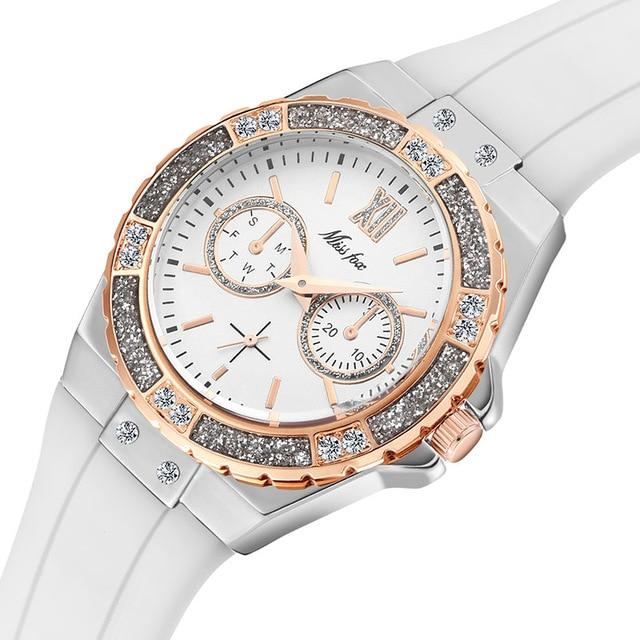 Ladies Diamond Rose Gold Blue Rubber Band Analog Chronograph Sport Watches