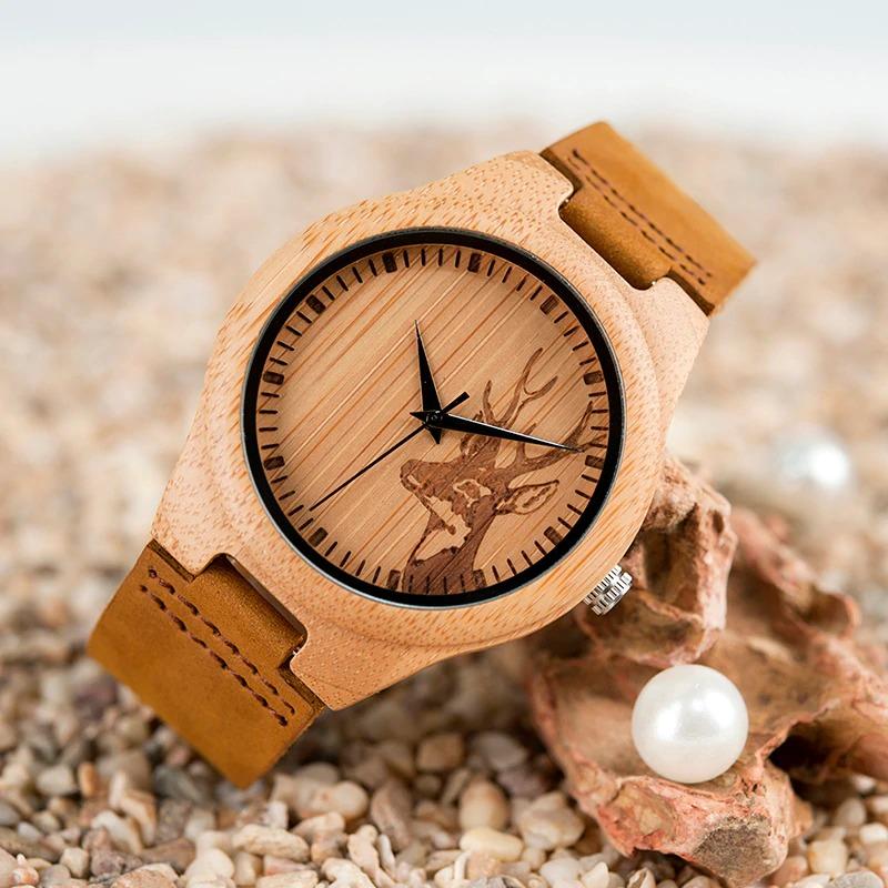 Lovers Elk Deer Head Bamboo Wooden Watch with Genuine Brown Leather Strap