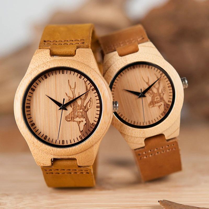 Lovers Elk Deer Head Bamboo Wooden Watch with Genuine Brown Leather Strap